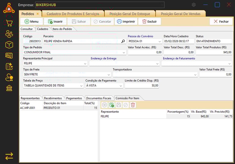 Tela de gestão de pedidos e ordem de serviço do sistema BikersHub